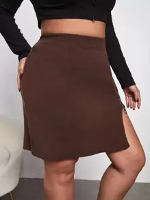 SHEIN Privé Plus Zipper Detail Split Hem Knit Skirt - Chocolate Brown - View 4