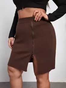 SHEIN Privé Plus Zipper Detail Split Hem Knit Skirt - Chocolate Brown - View 5