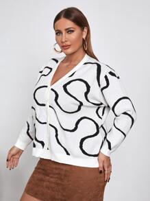 SHEIN Privé 大碼圖案落肩袖開襟衫 - 白色 - 查看 3