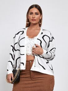 SHEIN Privé 大碼圖案落肩袖開襟衫 - 白色 - 查看 5