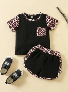 嬰兒豹紋印花補丁貼口袋T恤和短褲 - 黑色 - 查看 1