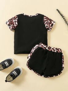 嬰兒豹紋印花補丁貼口袋T恤和短褲 - 黑色 - 查看 2