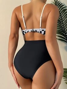 SHEIN Swim Summer Beach Plaid Twist Front Push Up One Piece Swimsuit - Black - View 2