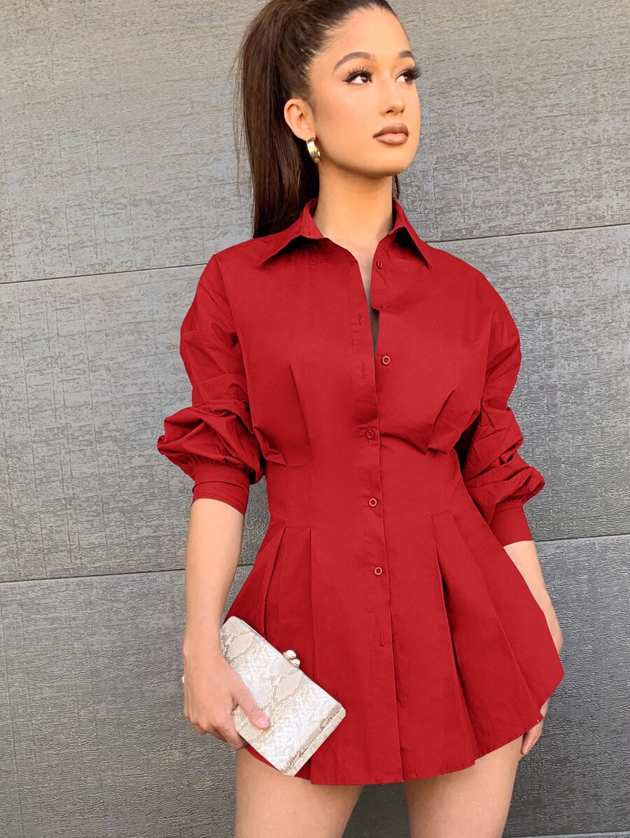 SHEIN Privé Collared Gathered Sleeve Buttoned Front Pleated Shirt - Burgundy - View 1