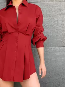 SHEIN Privé Collared Gathered Sleeve Buttoned Front Pleated Shirt - Burgundy - View 3