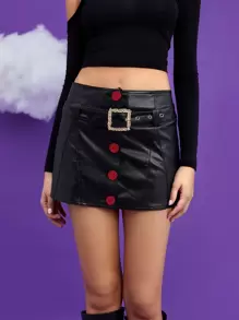 SHEIN 前紐扣金屬扣環腰帶亮面半身裙 - 黑色 - 查看 1