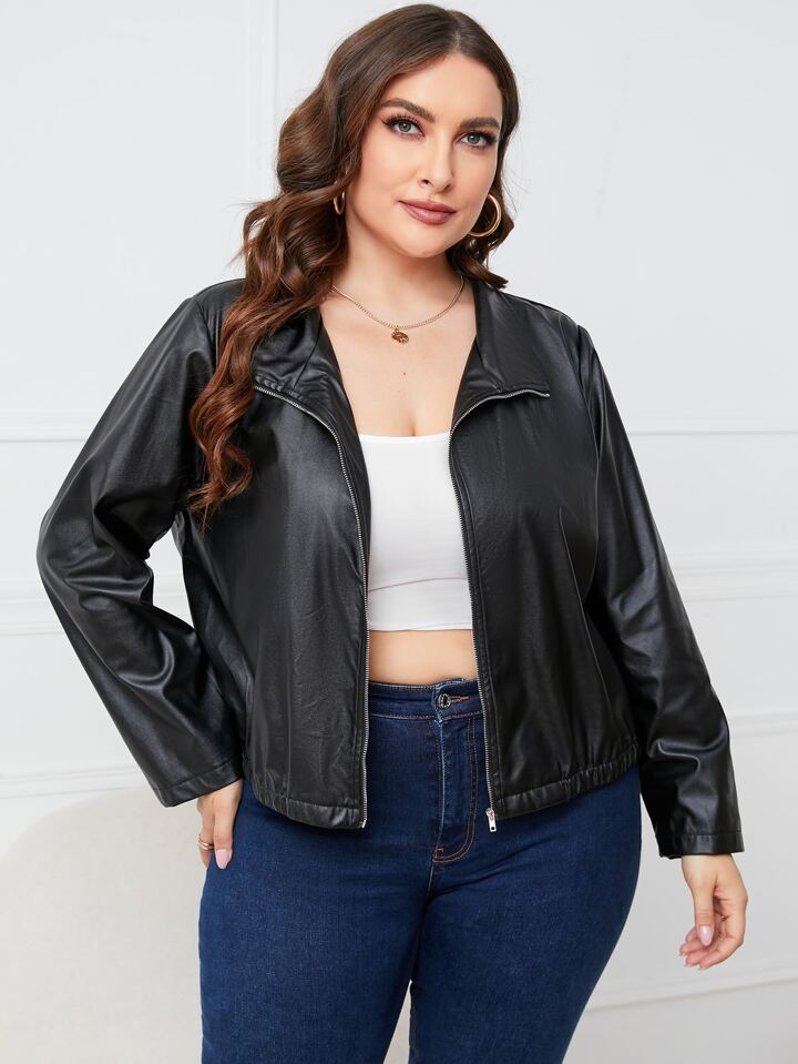 SHEIN FIT+ プラス スパイク詳細 ジッパーアップ PUレザー モトジャ
