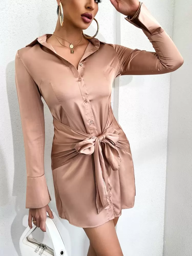 קשר כפתורים קדמיים פשוט אלגנטי שמלה - חאקי - ראה 1