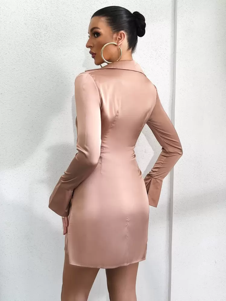 קשר כפתורים קדמיים פשוט אלגנטי שמלה - חאקי - ראה 2