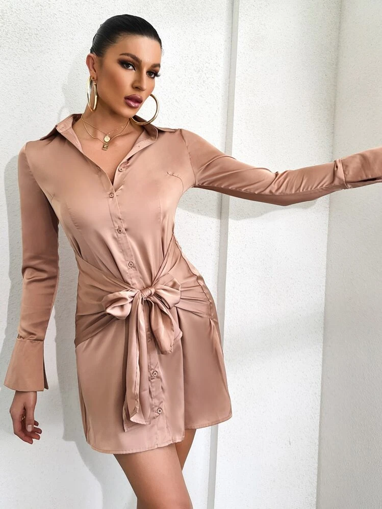 קשר כפתורים קדמיים פשוט אלגנטי שמלה - חאקי - ראה 5