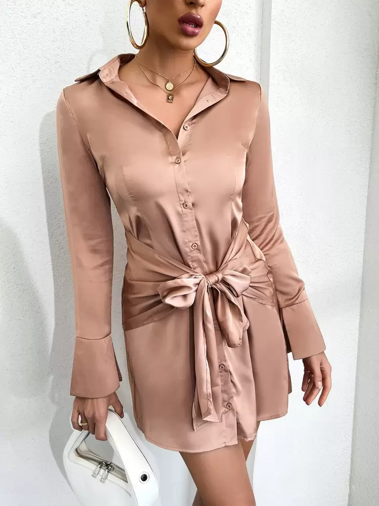 קשר כפתורים קדמיים פשוט אלגנטי שמלה - חאקי - ראה 6