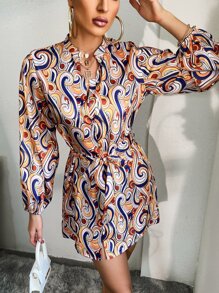 Vestido con cinturón al azar con estampado de voluta de manga farol - Multicolor - Ver 1