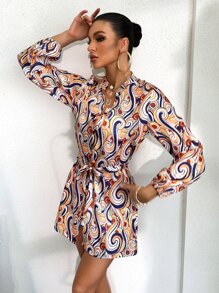 Vestido con cinturón al azar con estampado de voluta de manga farol - Multicolor - Ver 3