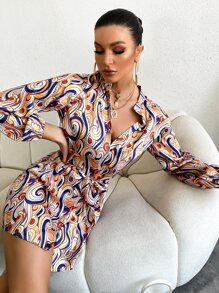 Vestido con cinturón al azar con estampado de voluta de manga farol - Multicolor - Ver 6