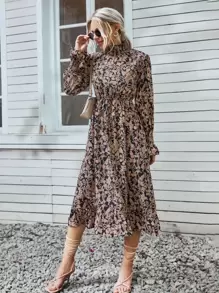 SHEIN Clasi Floral Print Shirred Flounce Sleeve Ruffle Hem Dress - Multicolor - View 1