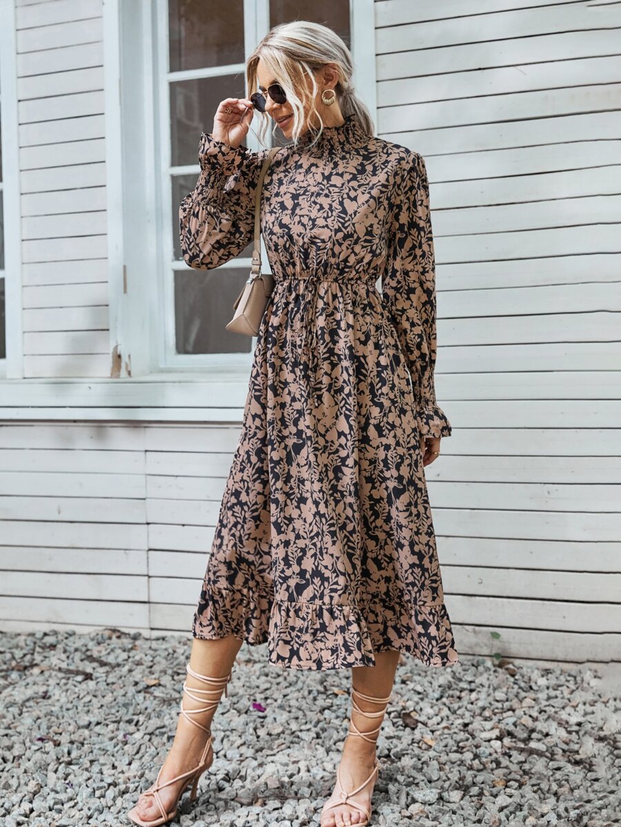 SHEIN Clasi Floral Print Shirred Flounce Sleeve Ruffle Hem Dress - Multicolor - View 1