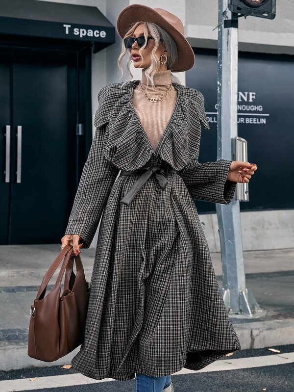 Plaid Waterfall Collar Belted Overcoat SHEIN USA