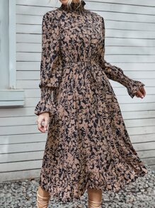 SHEIN Clasi Floral Print Shirred Flounce Sleeve Ruffle Hem Dress - Multicolor - View 3