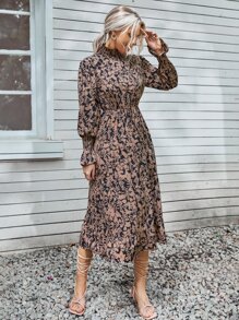 SHEIN Clasi Floral Print Shirred Flounce Sleeve Ruffle Hem Dress - Multicolor - View 4