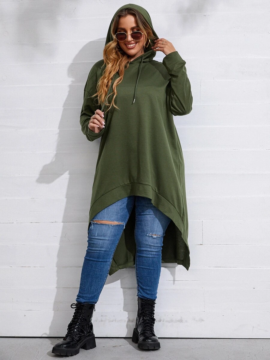 SHEIN LUNE Áo nỉ cỡ lớn kiểu vai rớt vạt trước ngắn vạt sau dài có dây rút - xanh quân đội - Xem 1