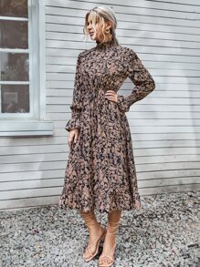 SHEIN Clasi Floral Print Shirred Flounce Sleeve Ruffle Hem Dress - Multicolor - View 5