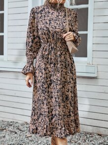 SHEIN Clasi Floral Print Shirred Flounce Sleeve Ruffle Hem Dress - Multicolor - View 6