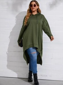 SHEIN LUNE Áo nỉ cỡ lớn kiểu vai rớt vạt trước ngắn vạt sau dài có dây rút - xanh quân đội - Xem 3