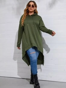 SHEIN LUNE Áo nỉ cỡ lớn kiểu vai rớt vạt trước ngắn vạt sau dài có dây rút - xanh quân đội - Xem 4