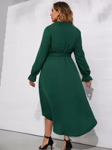 SHEIN LUNE Plus Flounce Sleeve Curved Hem Belted Dress - Dark Green - View 2