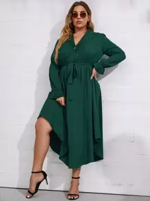 SHEIN LUNE Plus Flounce Sleeve Curved Hem Belted Dress - Dark Green - View 4