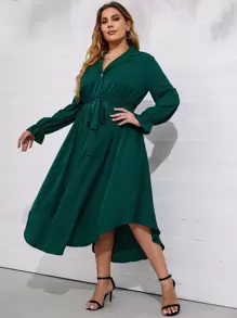 SHEIN LUNE Plus Flounce Sleeve Curved Hem Belted Dress - Dark Green - View 5