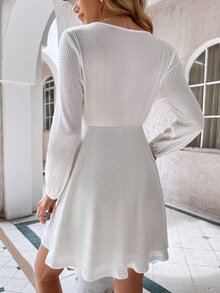 蕾絲邊交叉領燈籠袖前繫帶華夫格針織連衣裙 - 白色 - 查看 2