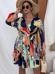 SHEIN Unity Vestido con cinturón de leopardo & con estampado de dibujo ribete con fruncido de manga farol - Multicolor - Ver 1