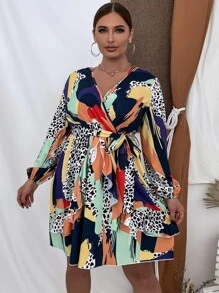 SHEIN Unity Vestido con cinturón de leopardo & con estampado de dibujo ribete con fruncido de manga farol - Multicolor - Ver 3