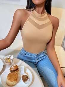 SHEIN Privé Solid Contrast Mesh Halter Top - Apricot - View 1