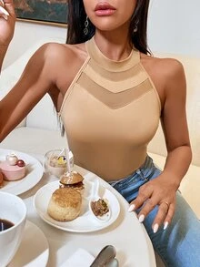 SHEIN Privé Solid Contrast Mesh Halter Top - Apricot - View 3