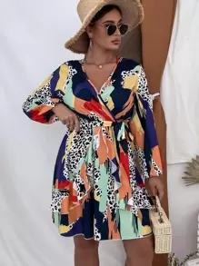 SHEIN Unity Vestido con cinturón de leopardo & con estampado de dibujo ribete con fruncido de manga farol - Multicolor - Ver 5