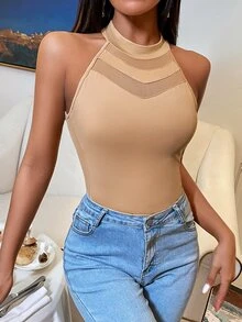 SHEIN Privé Solid Contrast Mesh Halter Top - Apricot - View 5