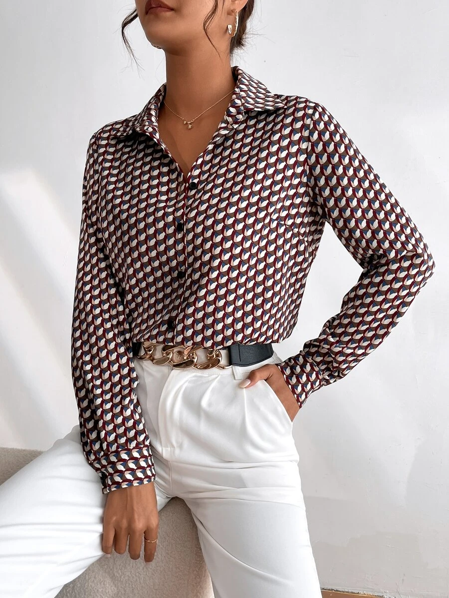 SHEIN Frenchy Allover Print Curved Hem Shirt - Multicolor - View 1