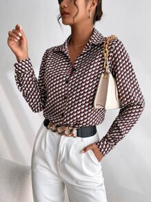 SHEIN Frenchy Allover Print Curved Hem Shirt - Multicolor - View 3