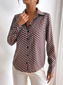 SHEIN Frenchy Allover Print Curved Hem Shirt - Multicolor - View 5