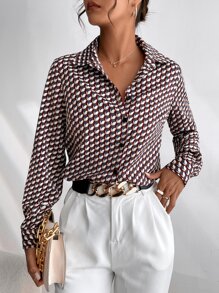 SHEIN Frenchy Allover Print Curved Hem Shirt - Multicolor - View 7