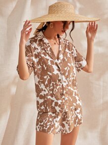 Conjunto de pijama con estampado floral con cordón delantero - Multicolor - Ver 4