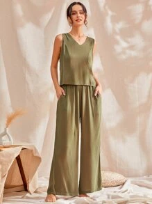 Bộ đồ ngủ Nữ Túi màu trơn Giải trí - xanh quân đội - Xem 1