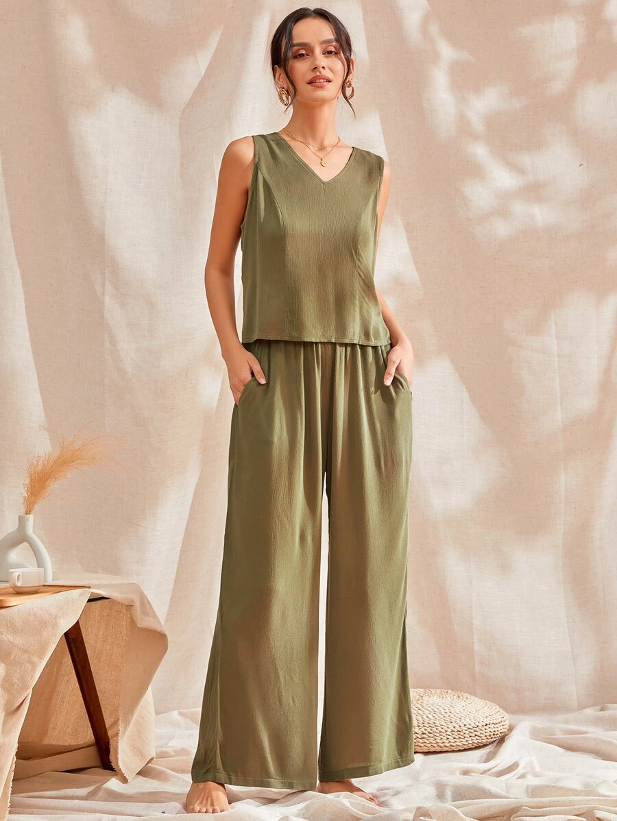 Bộ đồ ngủ Nữ Túi màu trơn Giải trí - xanh quân đội - Xem 1