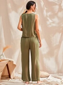 Bộ đồ ngủ Nữ Túi màu trơn Giải trí - xanh quân đội - Xem 2