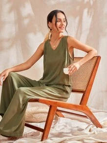 Bộ đồ ngủ Nữ Túi màu trơn Giải trí - xanh quân đội - Xem 3