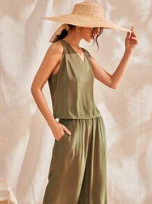 Bộ đồ ngủ Nữ Túi màu trơn Giải trí - xanh quân đội - Xem 5