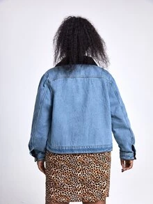 áo denim kích thước lớn Tương phản ren Túi Nút phía trước Khối Màu Giải trí - Rửa trung bình - Xem 2