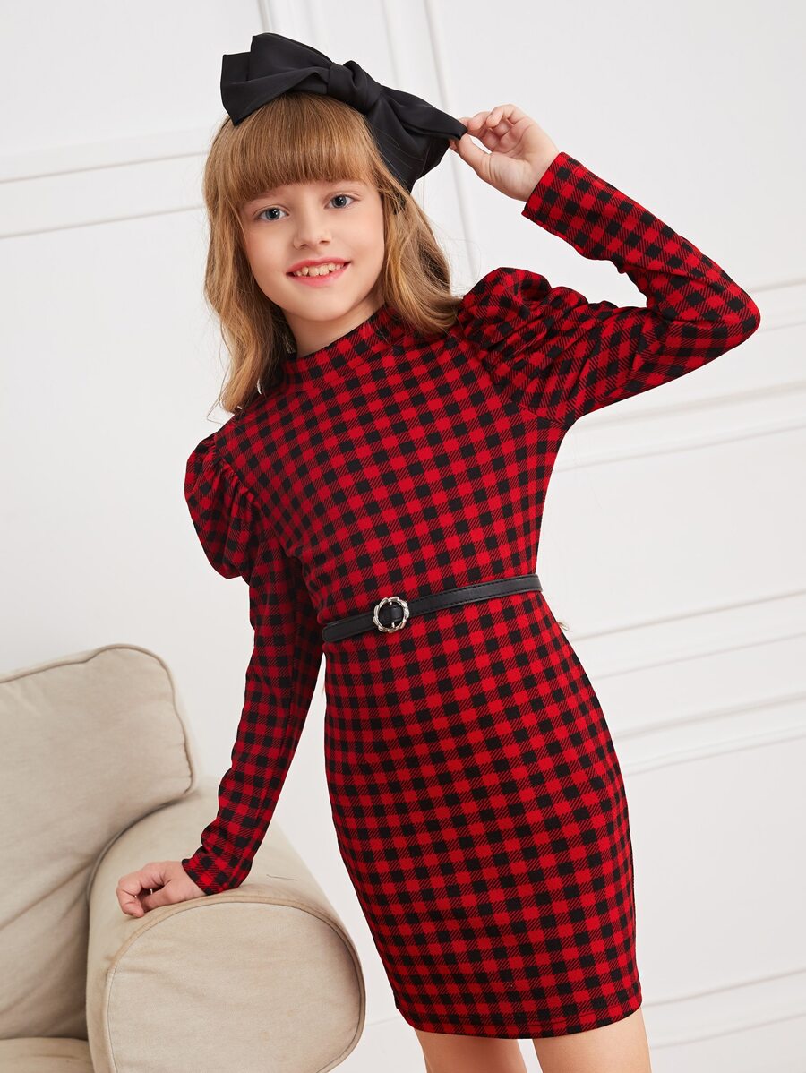 SHEIN Cô gái Tween Bản in Gingham Tay áo Đầm Không có thắt lưng - Nhiều màu - Xem 1